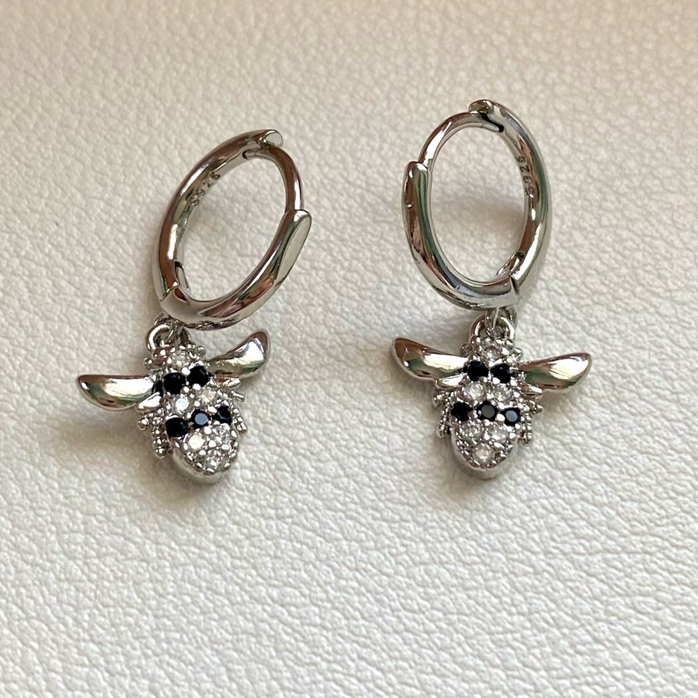 Silver Hoop Earrings with Black Accents - Picture 2 of 4